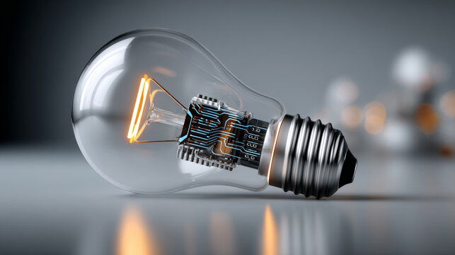 Tech-savvy light bulb design. Modern light bulb shows internal circuits and glowing element, showcasing advanced technology in lighting.