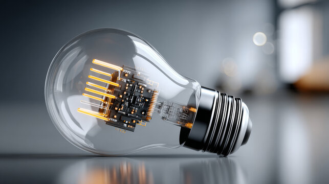 Smart light bulb with circuit design. A modern light bulb reveals a detailed circuit board, merging innovation with classic design in a minimalist space.