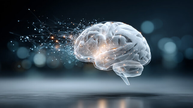 Glowing brain connections. A brain is showcased with glowing connections, symbolizing intelligence and creativity in a modern abstract environment.