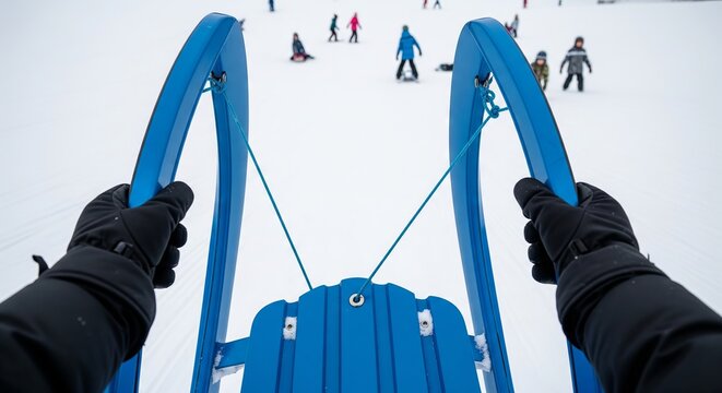 Pov view of person sledding down snowy hill on a blue sled in winter landscape. concept of winter adventure, outdoor fun, exhilarating activity