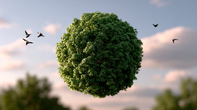 Floating green tree with birds around it. A lush green tree appears to float in the sky with birds flying nearby during a calm afternoon.