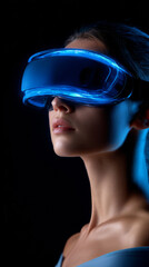 Naklejka premium Woman with blue VR headset. A young woman uses a sleek VR headset in a dark setting, showcasing advanced technology and immersion.