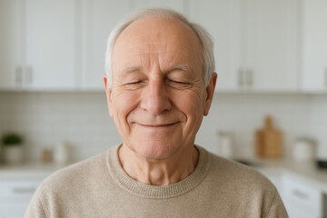 Obraz premium Elderly caucasian man enjoying tranquility in a bright kitchen setting with eyes closed in blissful expression. concept of inner peace, home comfort, serenity
