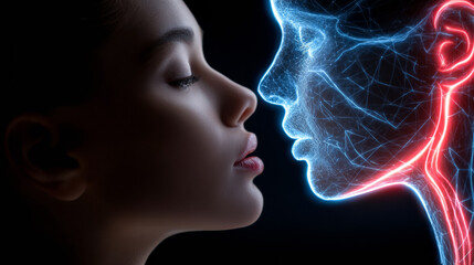 Linking human and digital forms. A girl leans close to a glowing digital face, highlighting the blend of technology and humanity in a captivating scene.