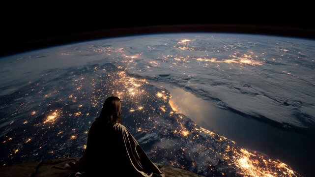 Jesus gazes upon Earth from space, reflecting on humanity and the beauty of the world below