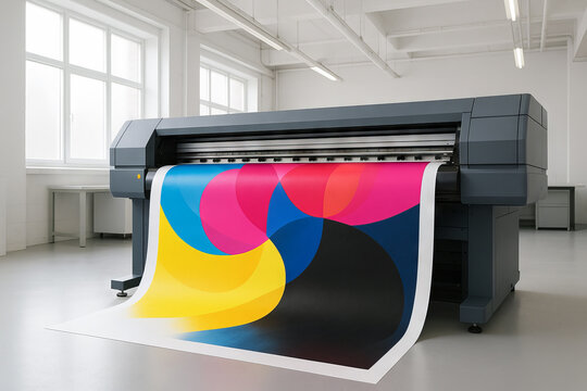 Large industrial printer producing colorful abstract geometric poster in modern studio. concept of technology, printing process, industrial equipment