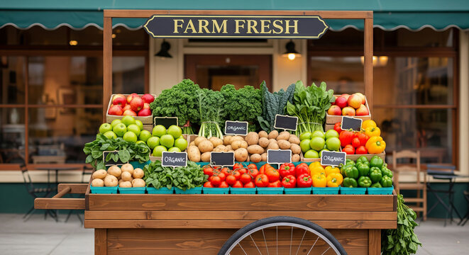 Farm fresh produce stand displaying organic vegetables and fruits outside cafe on sunny day. concept of healthy eating, local market, sustainable farming