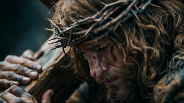 Jesus carries the cross in a somber moment during the passion narrative set in ancient Jerusalem