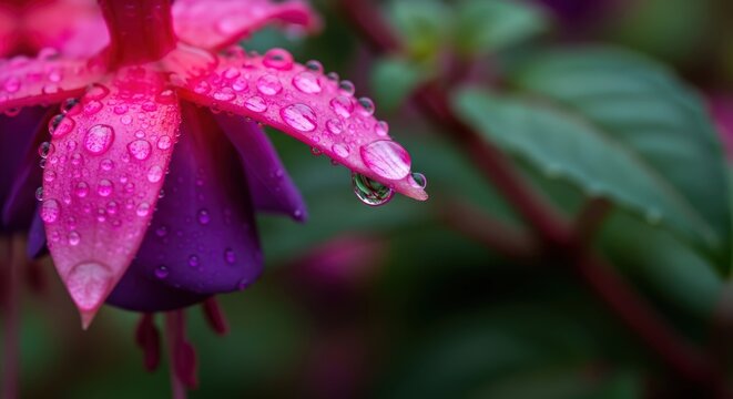 Close up of a vibrant pink and purple fuchsia flower adorned with sparkling water droplets on its petals in soft natural light - Powered by Adobe