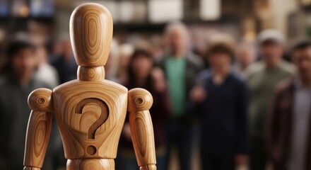 Close Up Of A Wooden Mannequin With Question Mark On Chest Amidst Blurred Crowd In Soft Lighting