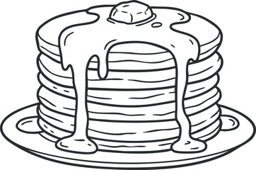 Fototapeta premium Outline vector illustration of a stack of pancakes with syrup and butter on a plate for food-related designs.