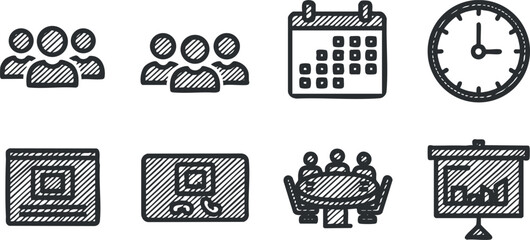 Hand-drawn vector icons set depicting business concepts such as teamwork, scheduling, and presentations for organizational projects