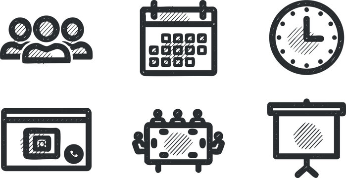 Outline vector icon set depicting meeting elements like calendar, clock, team, and presentation tools for business contexts