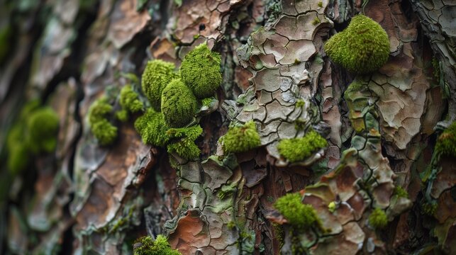 Leuchtend gr&uuml;nes Moos das auf der rauen rissigen Rinde eines Baumes w&auml;chst