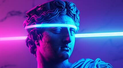 Klassische Marmorbüste in Dunkelheit beleuchtet von leuchtendem Neonlicht in Magenta und Cyan – Retro-Futurismus und Cyberpunk-Ästhetik