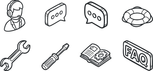 Outline vector icon set depicting customer support tools, including a headset, chat bubbles, wrench, screwdriver, and FAQ symbol for service design.