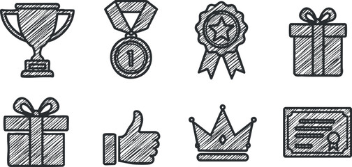 Hand-drawn vector icon set featuring awards, trophies, medals, gifts, and recognition symbols for celebratory design projects