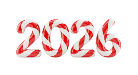 Year 2026 in Red and White Candy Cane Stripes 3D Render on Black Background new year christmas isolated on a transparent background