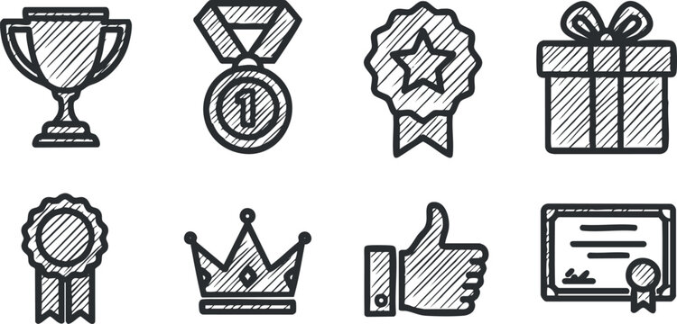 Hand-drawn vector icon collection featuring awards, trophies, medals, and recognition symbols for achievement and celebration