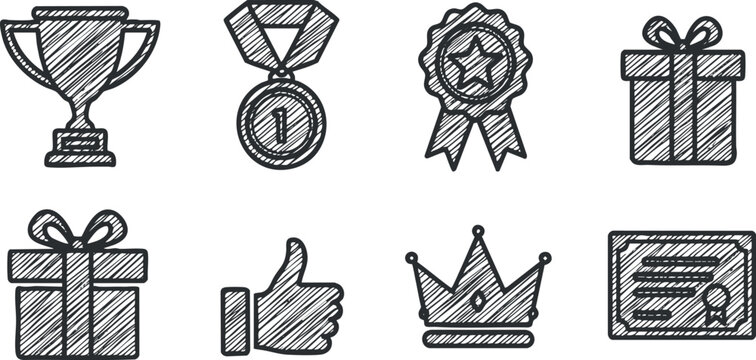 Hand-drawn vector icon set featuring awards, trophies, medals, gifts, and recognition symbols for celebratory design projects