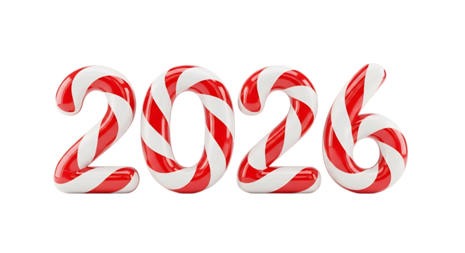 Year 2026 in Red and White Candy Cane Stripes 3D Render on Black Background new year christmas isolated on a transparent background