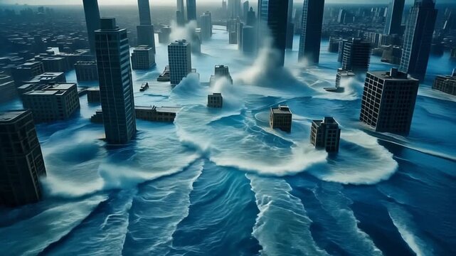 Flood waters rising through abstract cityscape, blue water simulation covering buildings, fluid dynamics visualization, urban disaster concept, transparent water movement