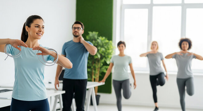 Group fitness class practicing stretching exercises indoors