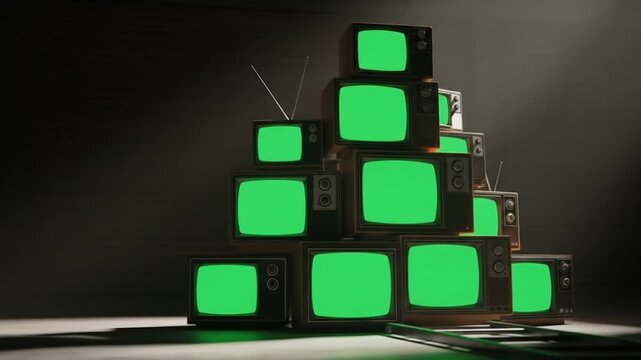 Retro TVs stacked high with vibrant green screens, perfect for vintage tech projects, creative advertising, and nostalgic design content