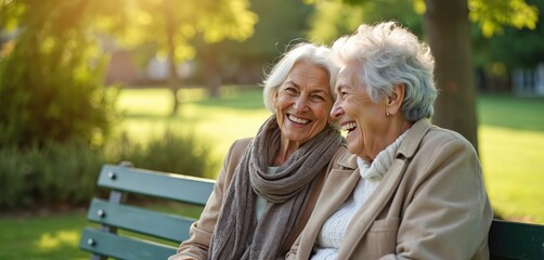 Two elderly women share joyful moment on park bench, laughing heartily outdoors. They are friends enjoying sunny day with warm conversation and companionship. Their smiles radiate happiness and peace.