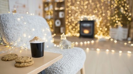 Cozy Christmas living room with hot chocolate and cookies