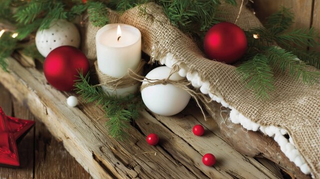 Rustic Christmas decorations with candles and ornaments - Powered by Adobe
