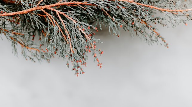 Frosted evergreen branches with red berries on light background - Powered by Adobe