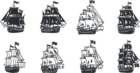 Collection of black and white vector illustrations of various sailing ships for nautical-themed design projects
