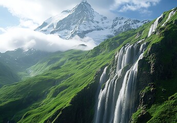 A breathtaking natural landscape featuring a majestic waterfall cascading down a lush green mountain