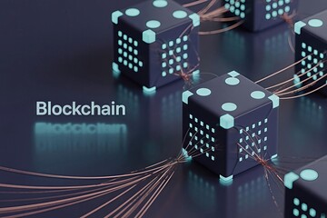 Conceptual 3D visualization of Blockchain technology with interconnected secure data blocks glowing in a futuristic dark environment, illustrating decentralized networking.
