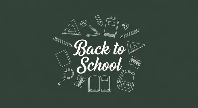 Back to School Supplies: A delightful illustration of essential school supplies encircles the words Back to School, set against a chalkboard background.