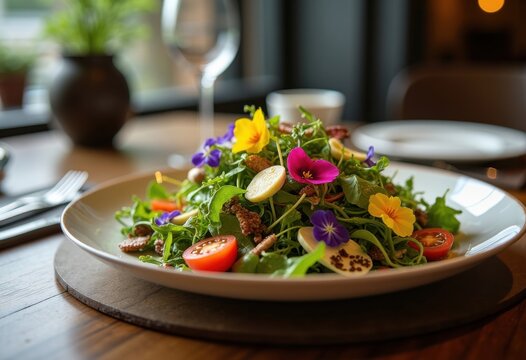 Artfully Crafted Farm-to-Table Salad Arrangement at Upscale Eatery with Chi Chi Greens, Heirloom Tomatoes, Edible Flowers, and Unique Aged Cheese