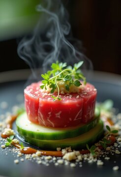Artful Tuna Tartare Stack with Avocado and Cucumber Layers Surrounded by Garnished Microgreens