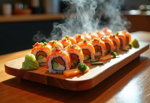 Artfully Set Sushi Roll Arrangement Wasabi Professionally Presented Gourmet Dish