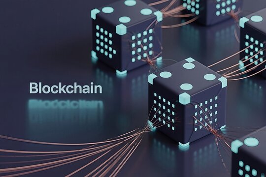 Conceptual 3D visualization of Blockchain technology with interconnected secure data blocks glowing in a futuristic dark environment, illustrating decentralized networking. - Powered by Adobe