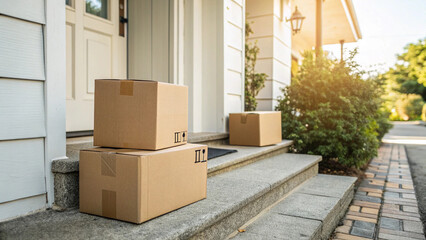 Cardboard boxes delivery with neutral mood on porch steps in suburban setting
