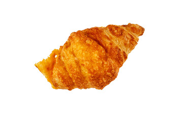 Close-up of a golden brown cheese croissant with flaky layers and melted cheese, isolated on white background. Perfect for bakery ads, breakfast promotions, or food packaging design.
