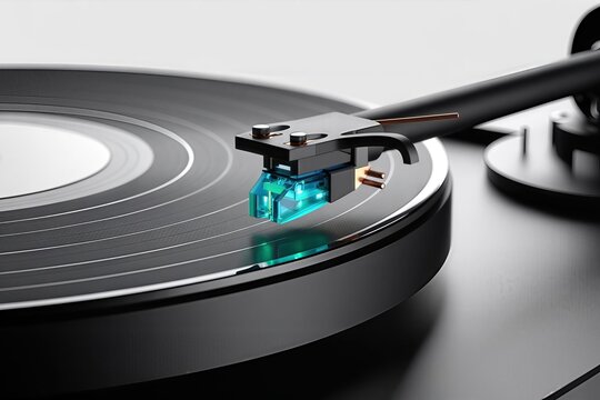 Sleek close-up of a modern black turntable and tonearm with a vibrant glowing cyan needle cartridge playing a vinyl record, showcasing futuristic audiophile technology. - Powered by Adobe