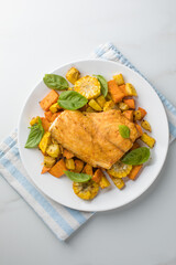 Steamed snapper. Baked Snapper with Roasted Vegetables. Top view.