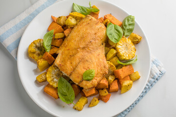 Steamed snapper. Baked Snapper with Roasted Vegetables. Top view.