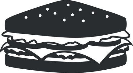 Minimalist black and white vector illustration of a burger sandwich featuring lettuce and cheese, ideal for food branding and design projects