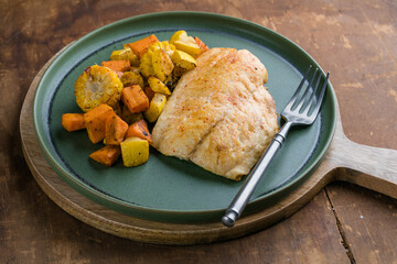 Steamed snapper. Baked Snapper with Roasted Vegetables. Top view.