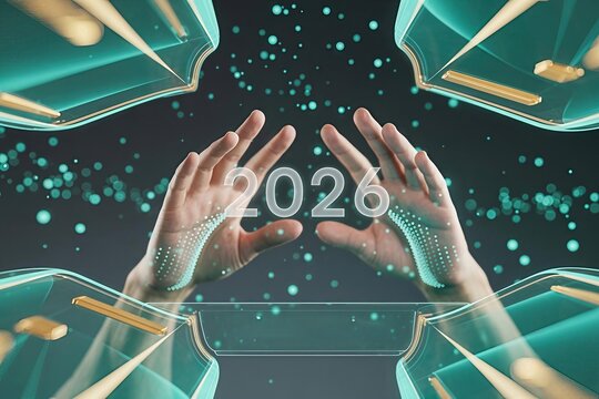 Futuristic hands interacting with the glowing digital projection of 2026, surrounded by abstract high-tech elements and teal data particles, symbolizing future planning and innovation.