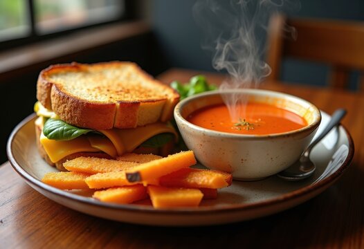 Cheddar Sandwich Pairing with Tomato Broth Splash Colorful Fusion Composition