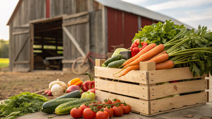 Freshly harvested vegetables in a wooden crate near rustic barn on farm